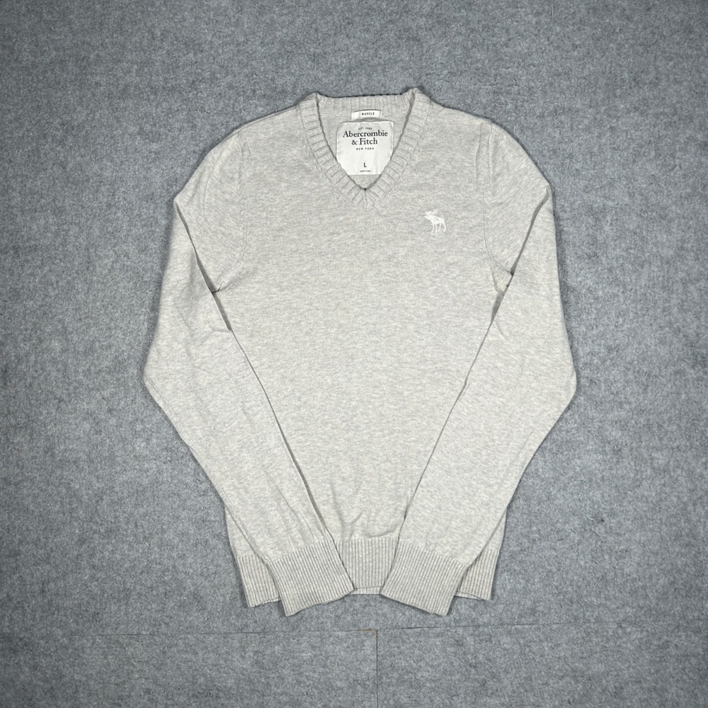 Abercrombie‎ & Fitch Sweater Mens L Grey Muscle V-Neck Cotton Cashmere Preppy